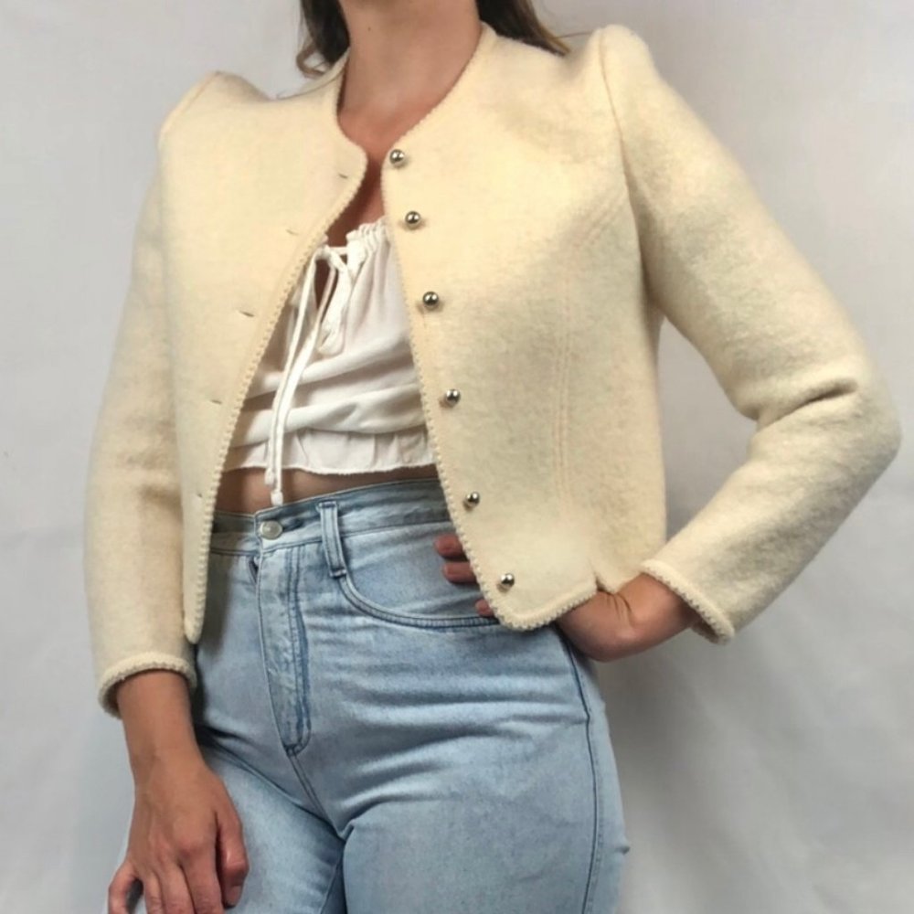 Vintage The Eagle's Eye 100% Wool Sweater Jacket Blazer 100% Wool Cream Size 8